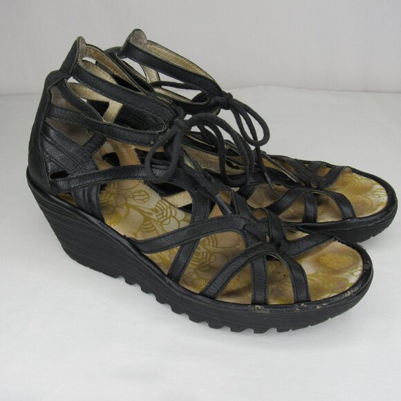 Fly London Black Leather YUKE Lace Up Wedge Sandal 39 8 8.5 - Picture 1 of 10